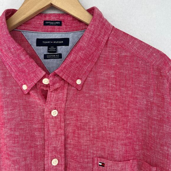 TOMMY HILFIGER Shirt Mens 2XL Cotton Linen Chambray Button Up Short Sleeve Pink - Picture 7 of 14
